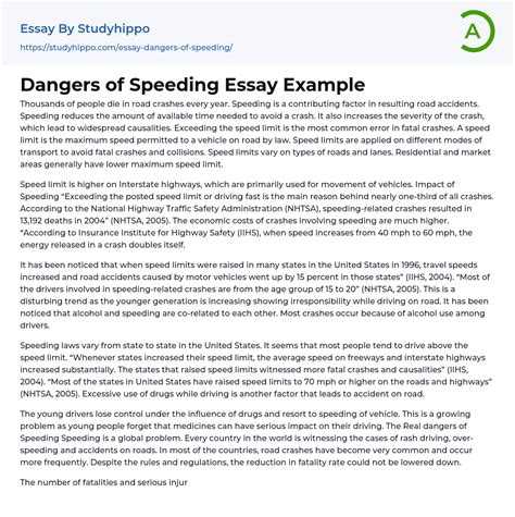 Write an essay on the dangers of excessive speed while driving a car. . Essay on over speeding